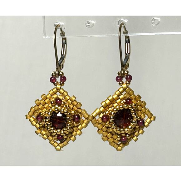 Garnet Glass Gold Seed Bead Woven Diamond Dangle Earrings - Picture 1 of 10